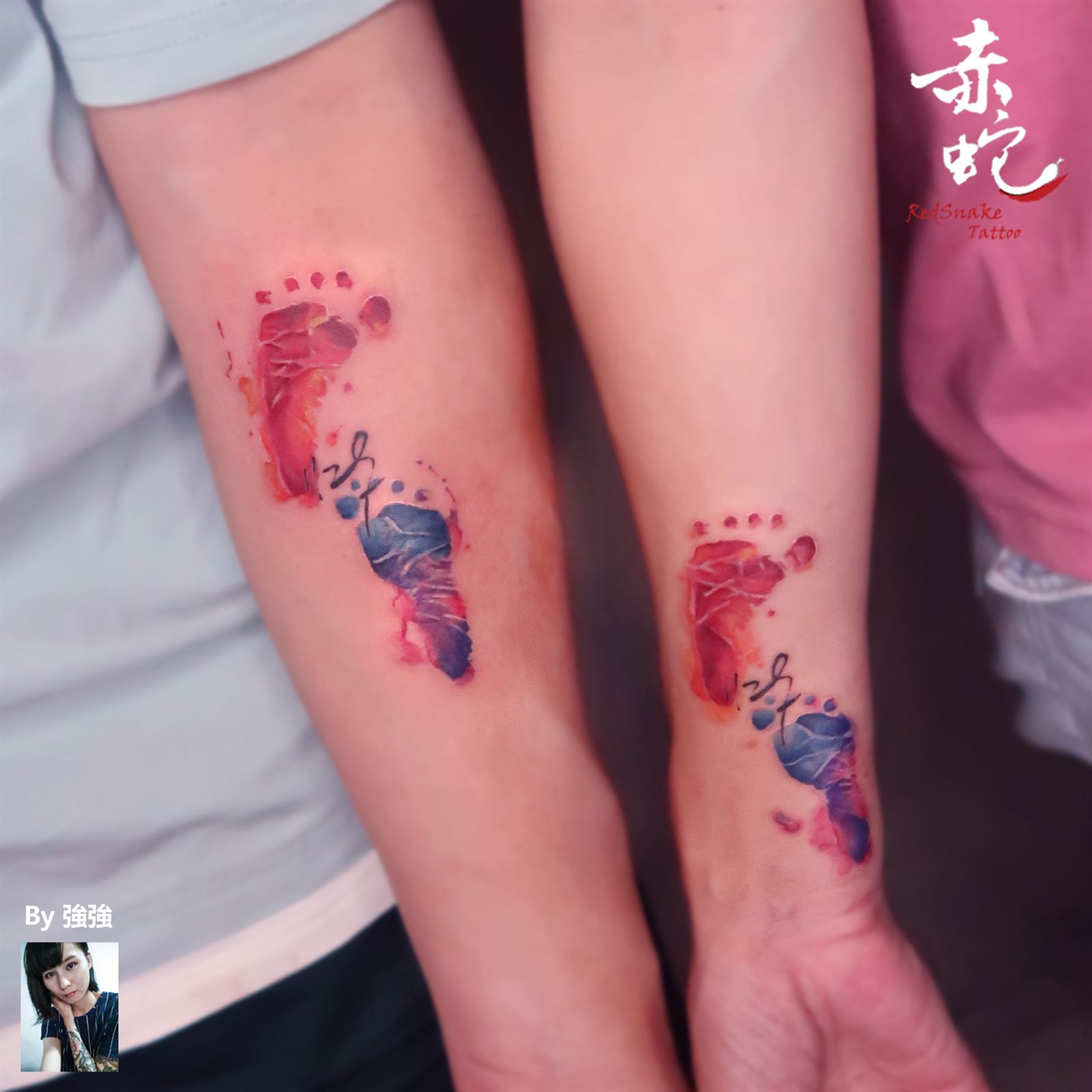 強強 台中女刺青師 水彩 / 手 / 彩色 刺青作品 RedSnake Tattoo