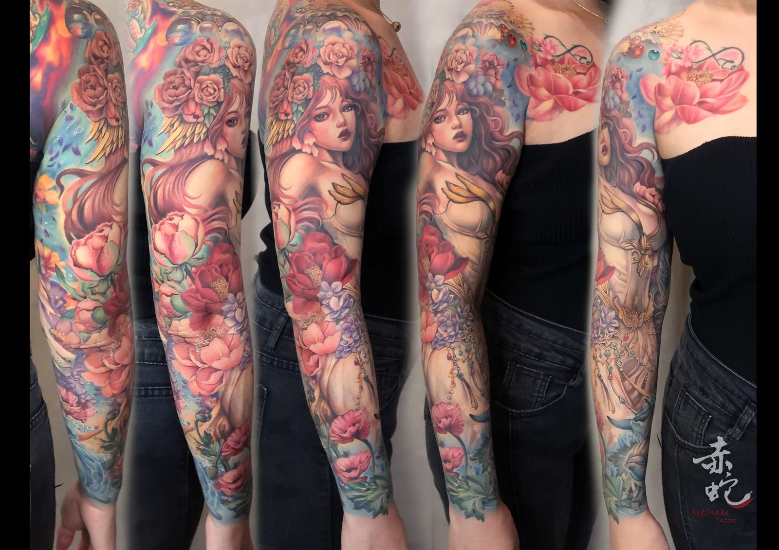 小YU 台中女刺青師 袖套 / 阿弗羅黛娣 / 彩色 刺青作品 RedSnake Tattoo