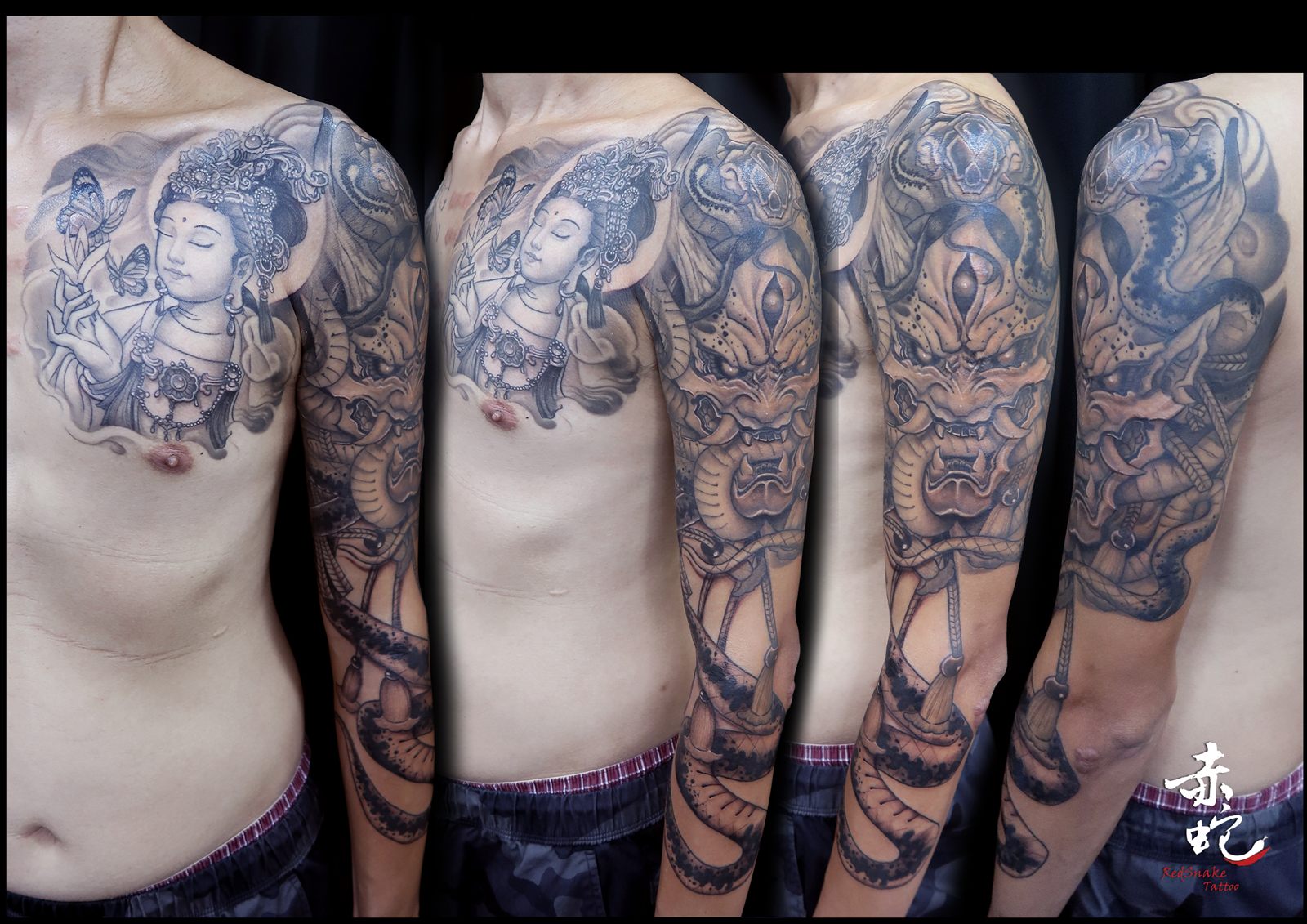 小YU 台中女刺青師 全袖 / 菩薩 / 黑白 刺青作品 RedSnake Tattoo